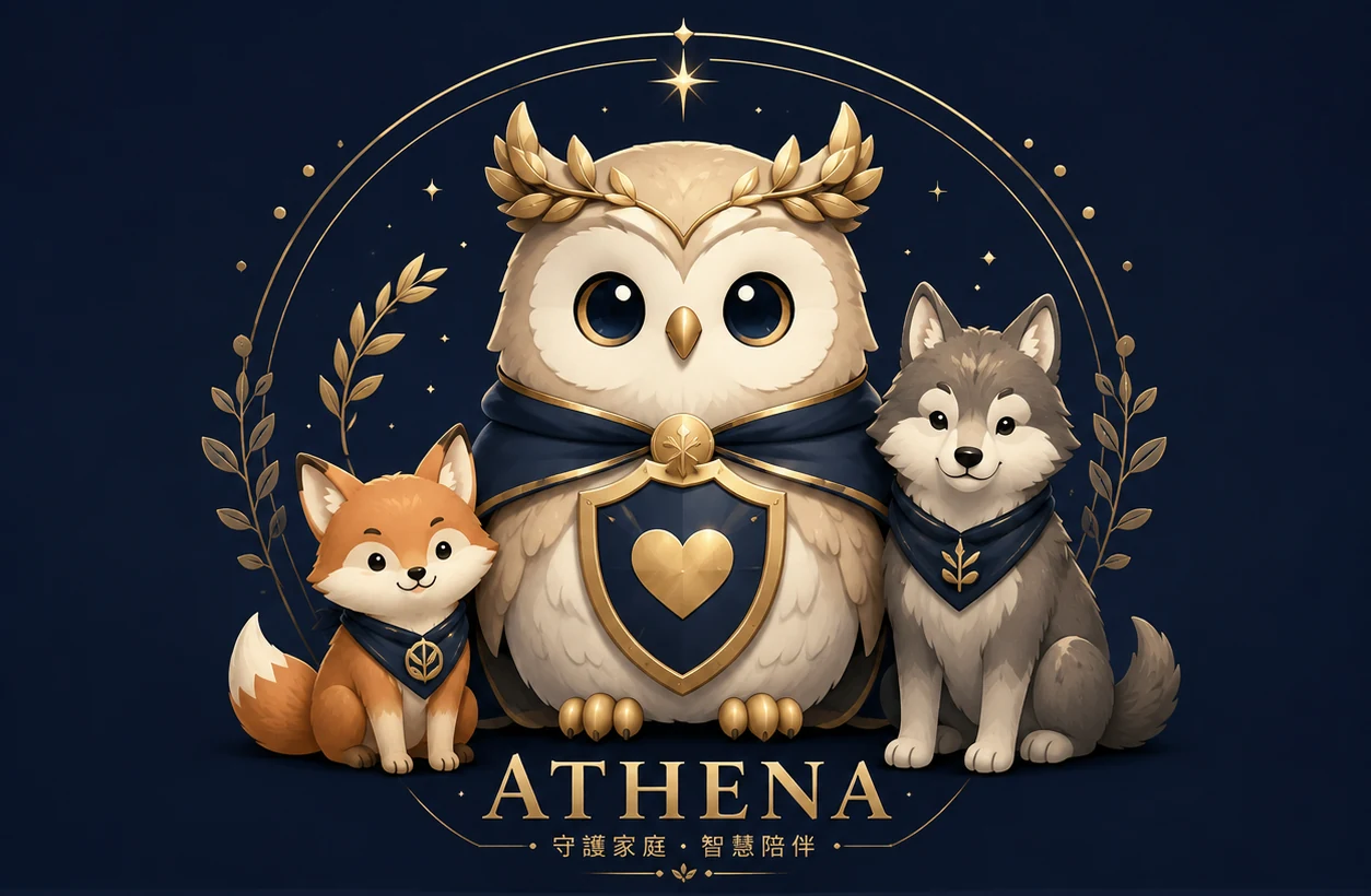 Athena 貓頭鷹與兩位動物夥伴，象徵守護家庭與陪伴